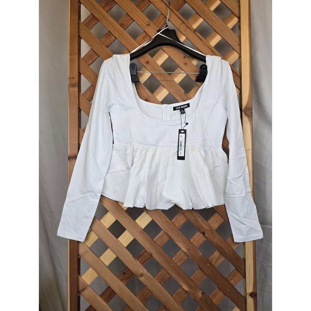 Steve Madden Avielle Top Womens Small White Peplum Long Sleeve - New